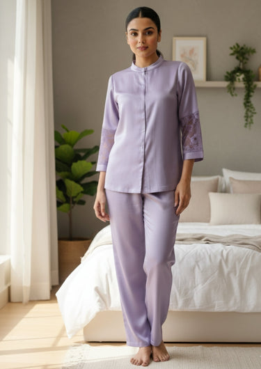 Rose Mist Lace-Trim Satin Night Suit