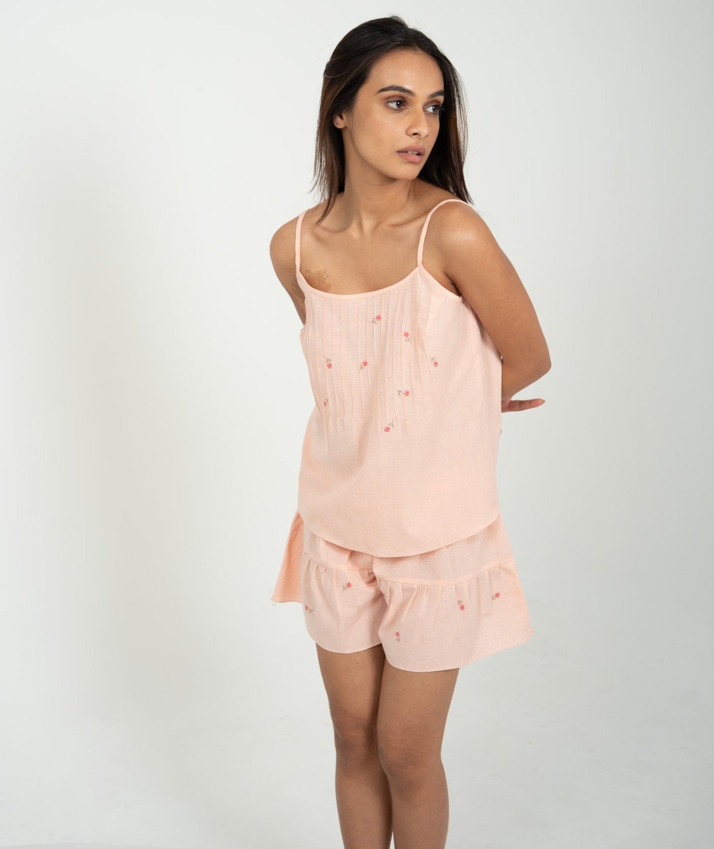 Peach Petals - Hand Embroidered Shorts Set
