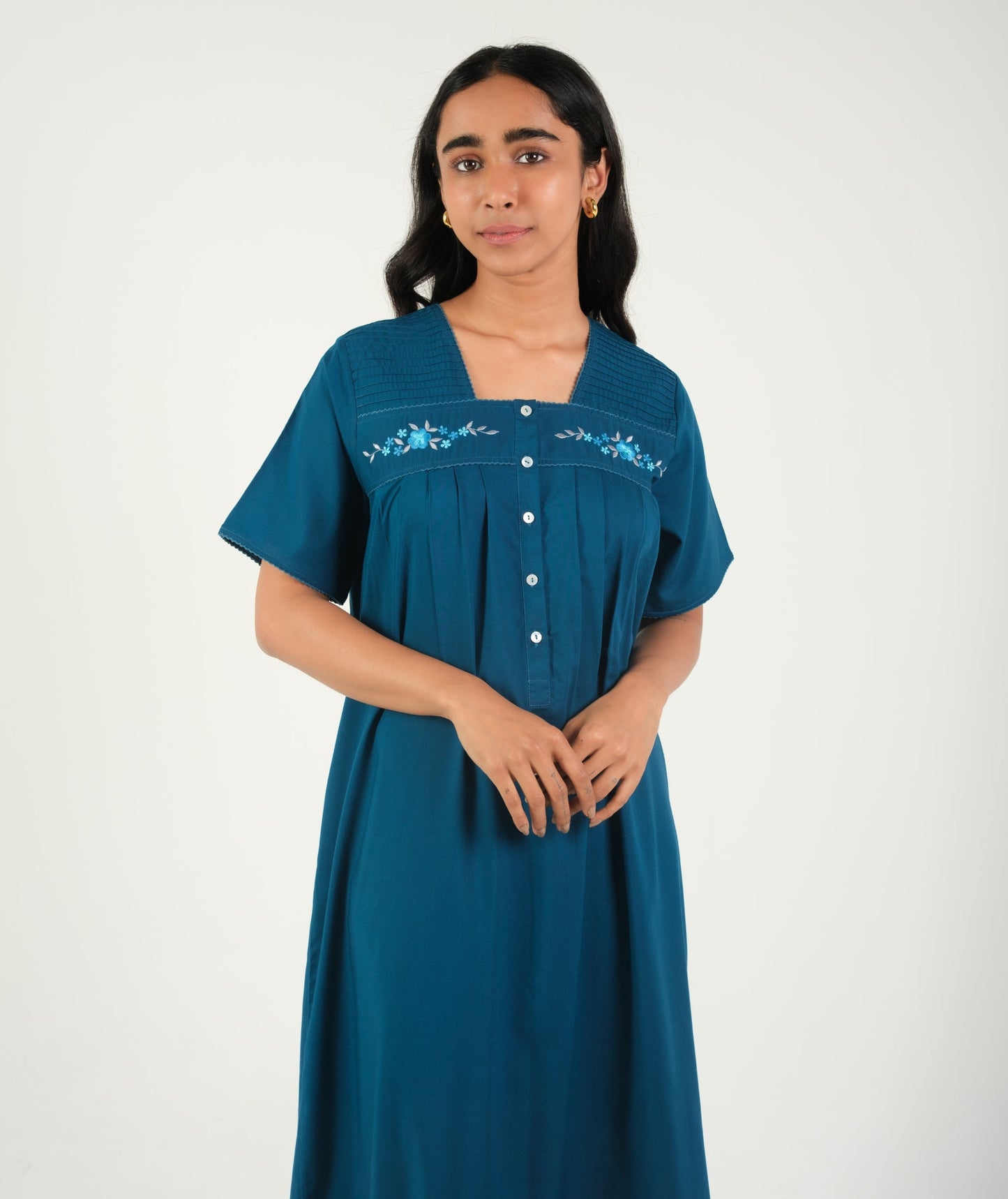 Grace in Every Thread - Teal Blue Embroidered Nighty