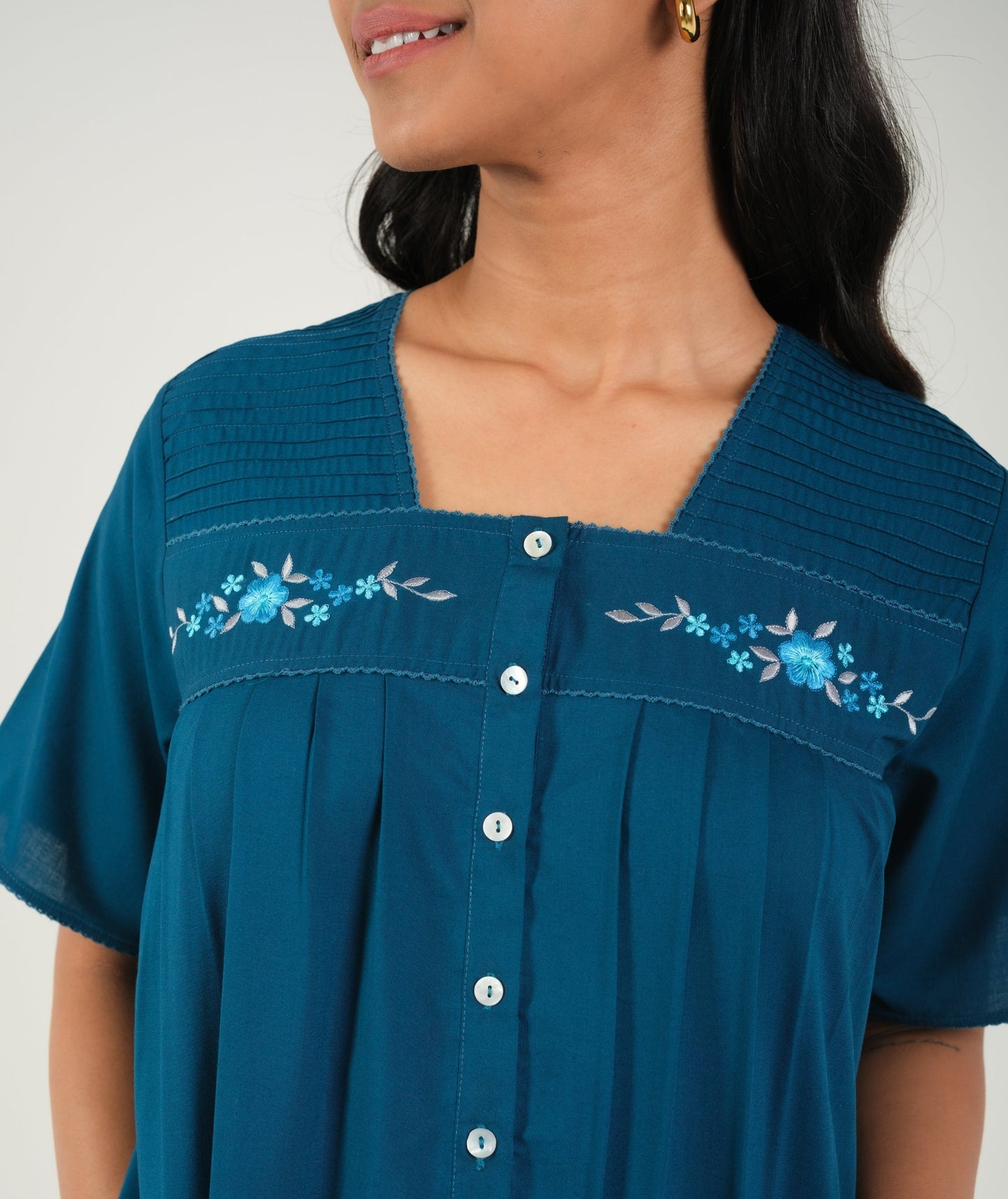 Grace in Every Thread - Teal Blue Embroidered Nighty