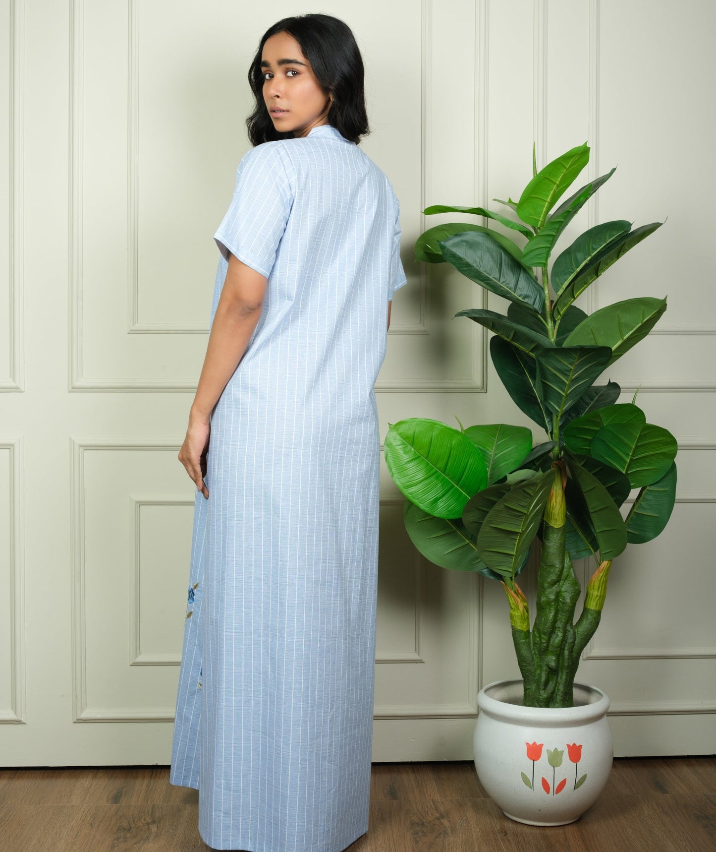 Azure Bloom - Cotton Embroidered Striped Nighty