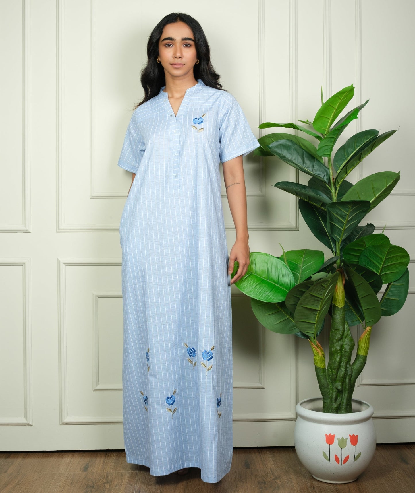 Azure Bloom - Cotton Embroidered Striped Nighty