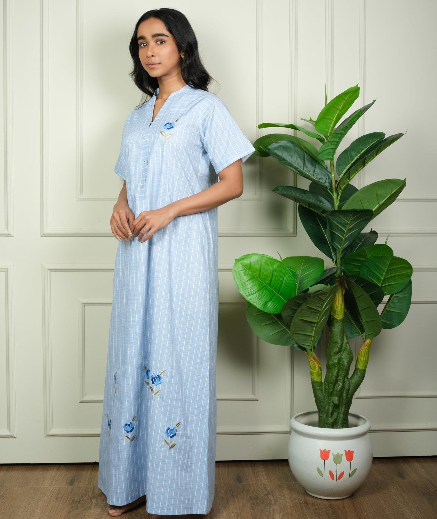 Azure Bloom - Cotton Embroidered Striped Nighty