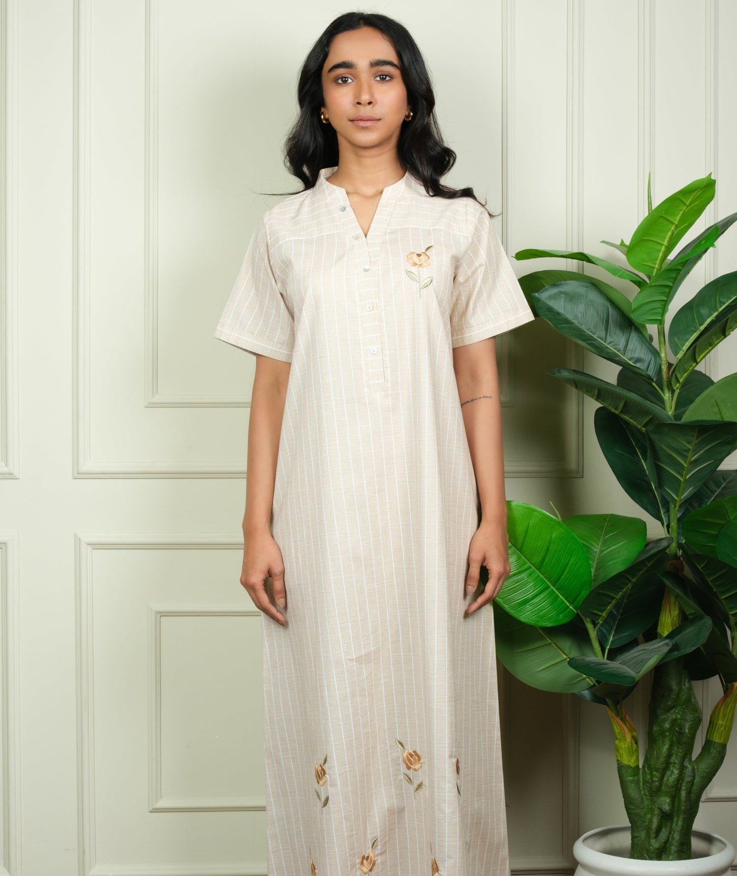 Bloom Grace - Beige Striped Nighty With Floral Embroidery