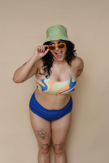 Woman wearing a colorful bikini