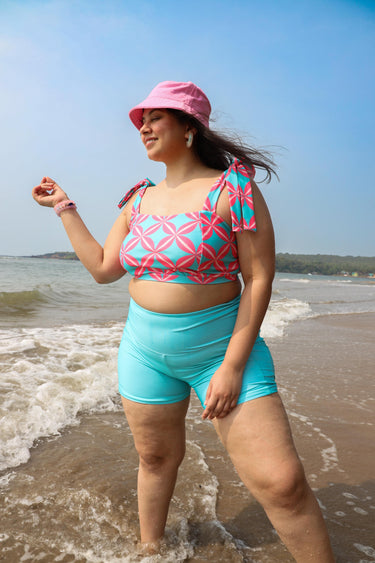 Woman in a colorful bikini set