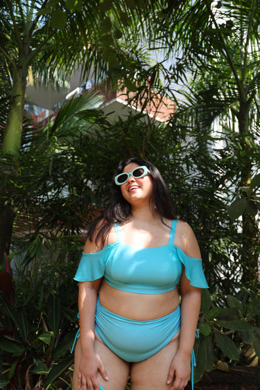 Woman in a blue bikini set
