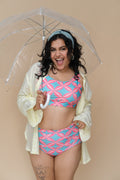 Woman in a colorful bikini set