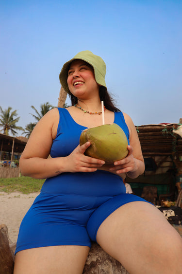 Woman in a blue swimsuit set