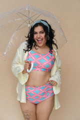 Woman in a pink and blue bikini set