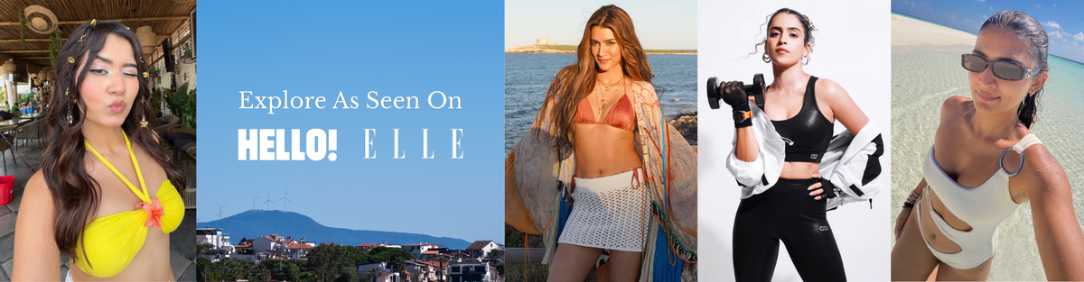 A four-panel collage featuring women modeling swimwear and activewear in beach and poolside settings, with the text 'Explore As Seen On HELLO! ELLE' across the center.