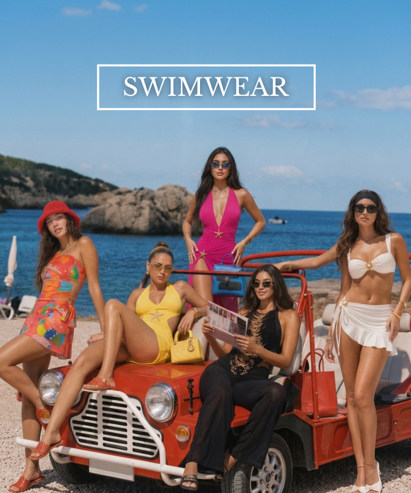 Five women modeling swimwear outfits while posing on a red vintage Mini Cooper at a sunny beach, with the word 'SWIMWEAR' displayed at the top.