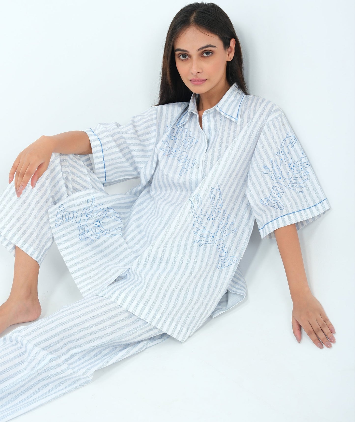 Seaside Charm - Blue Striped Night Suit with Lobster Embroidery