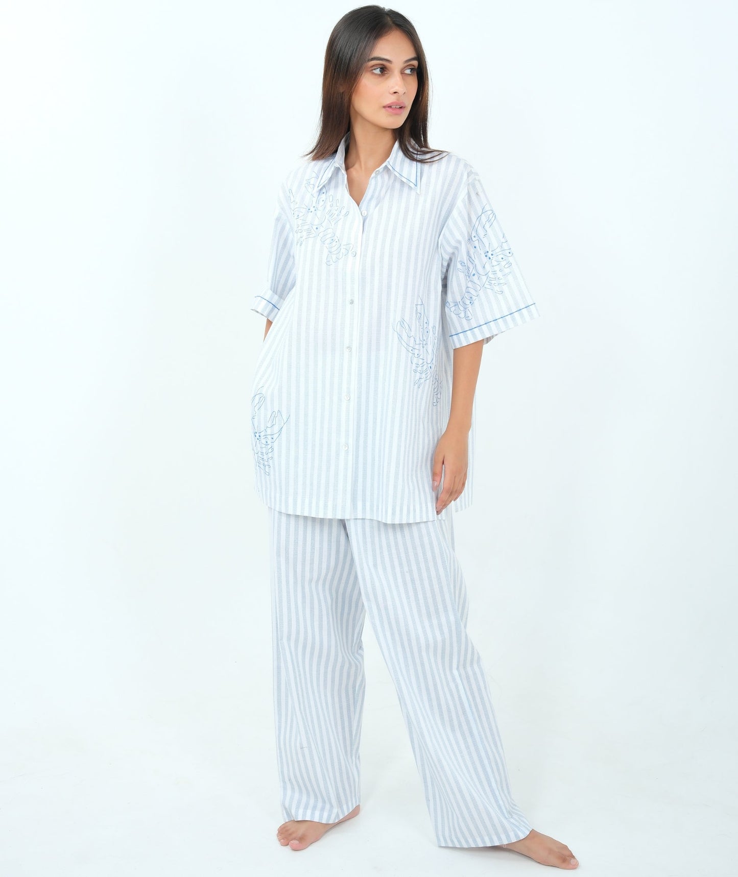 Seaside Charm - Blue Striped Night Suit with Lobster Embroidery