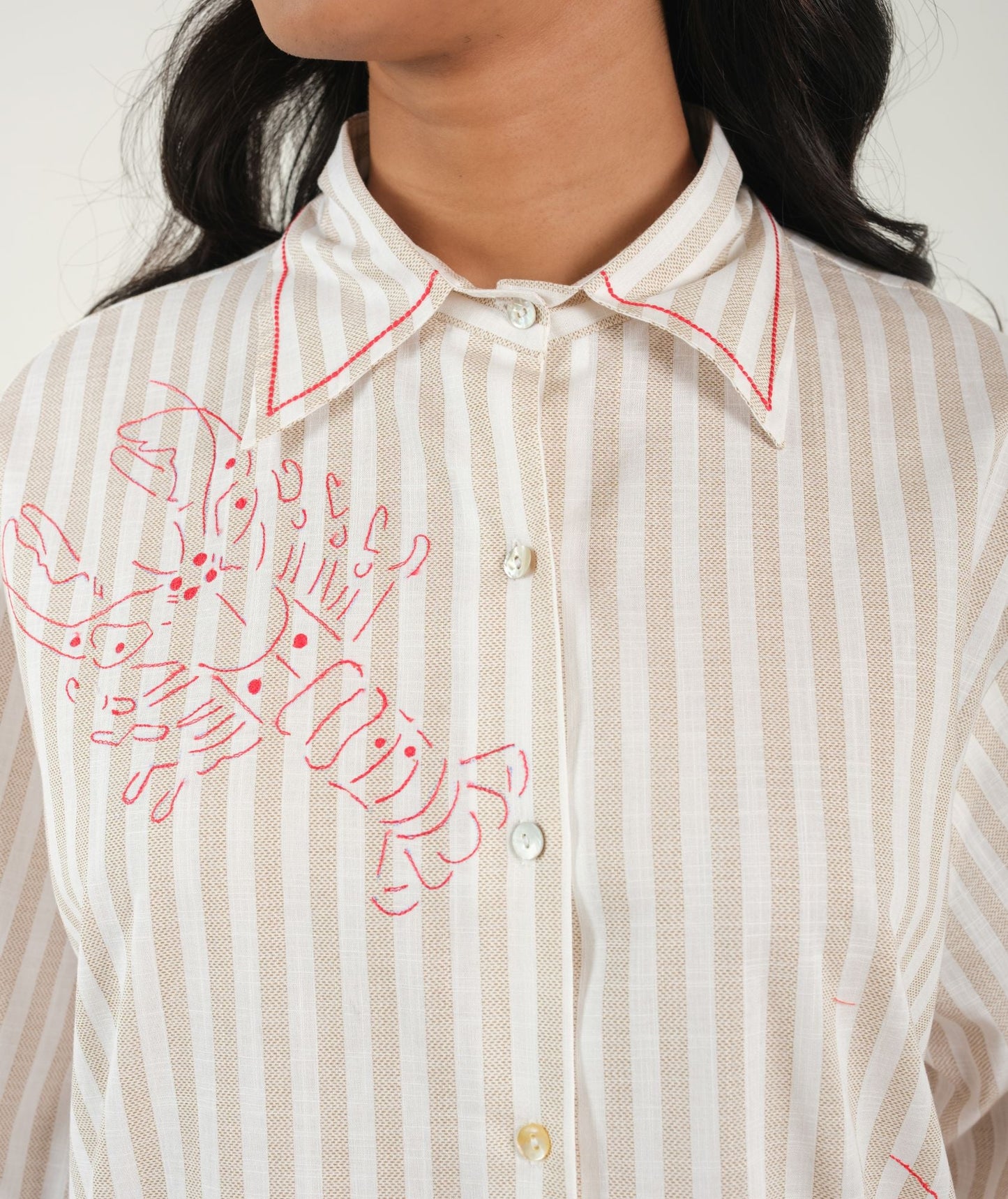 Coastal Vibes - Red Striped Night Suit With Lobster Embroidery