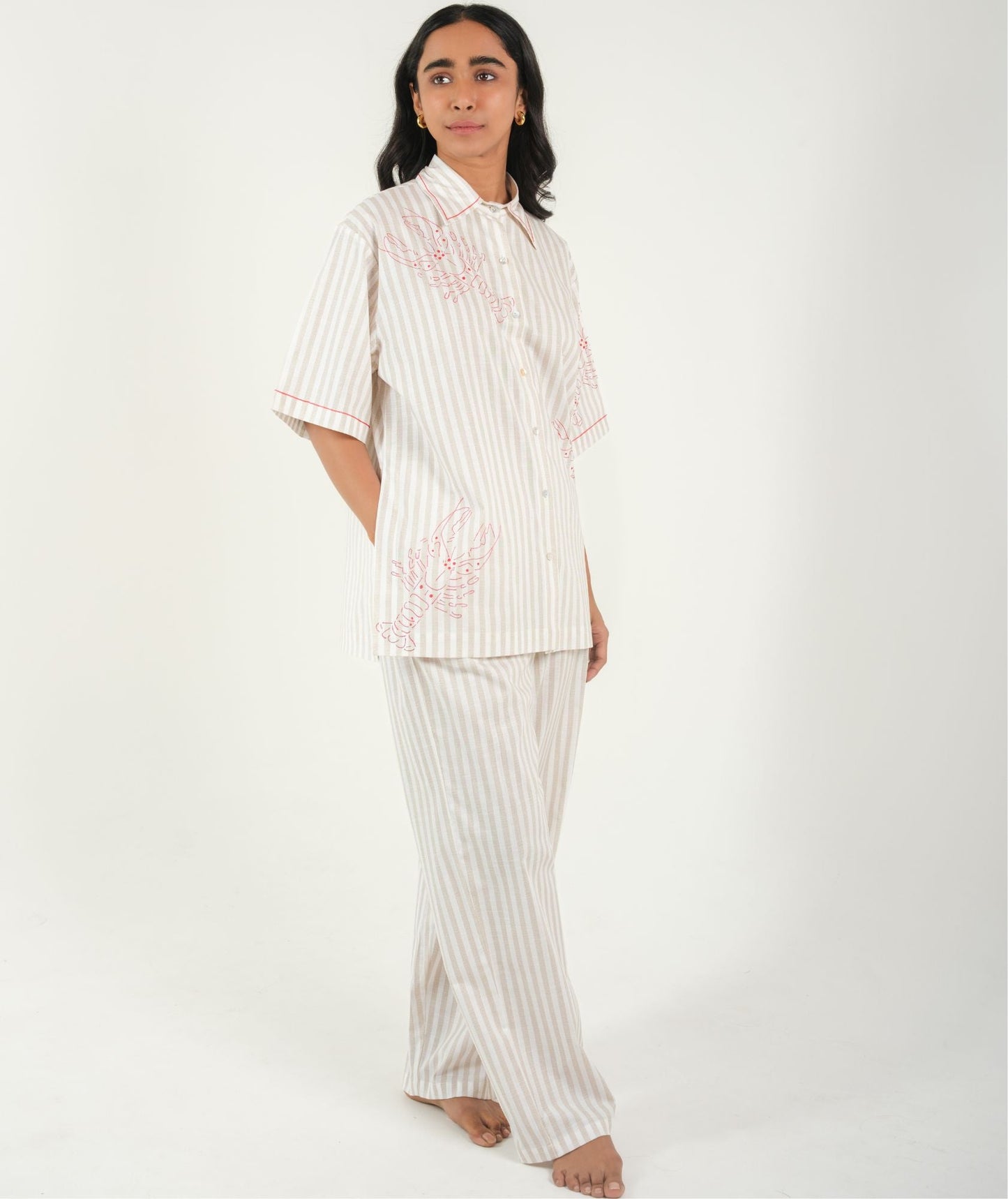 Coastal Vibes - Red Striped Night Suit With Lobster Embroidery