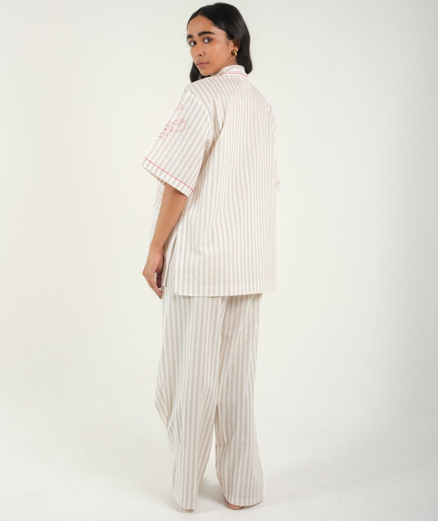 Coastal Vibes - Red Striped Night Suit With Lobster Embroidery