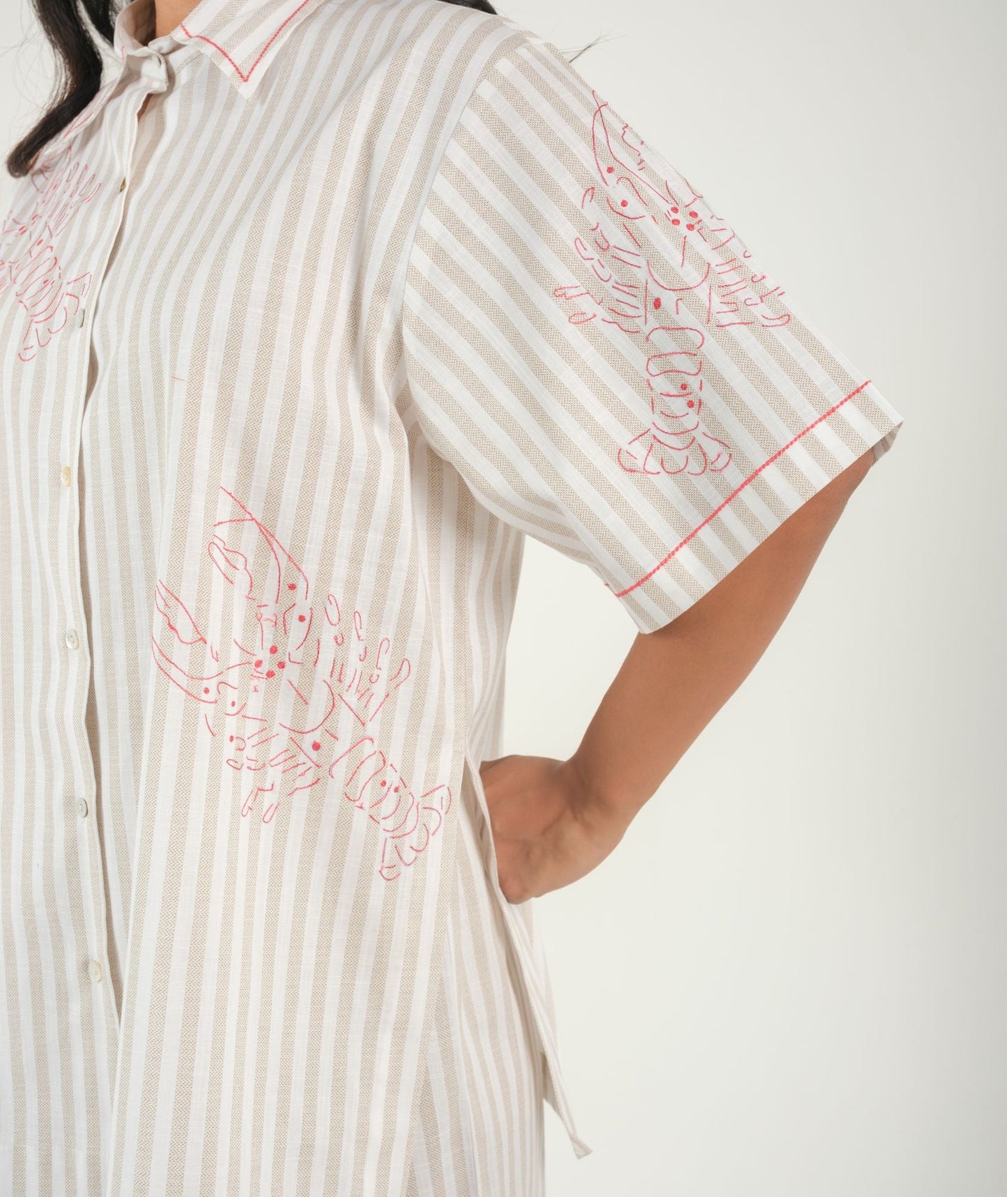 Coastal Vibes - Red Striped Night Suit With Lobster Embroidery