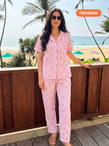 Pink Stripe Heart Cotton Nightsuit