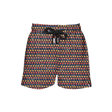 Printed, swim shorts with abstract pattern in black