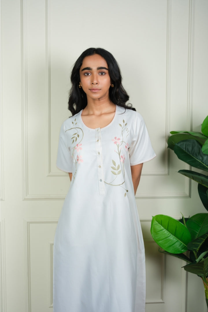 Ivory Bloom - Embroidered Cotton Nighty