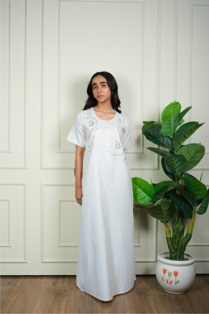 Ivory Bloom - Embroidered Cotton Nighty