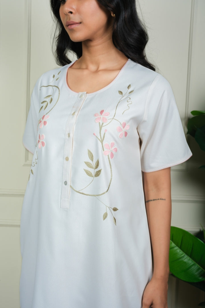 Ivory Bloom - Embroidered Cotton Nighty