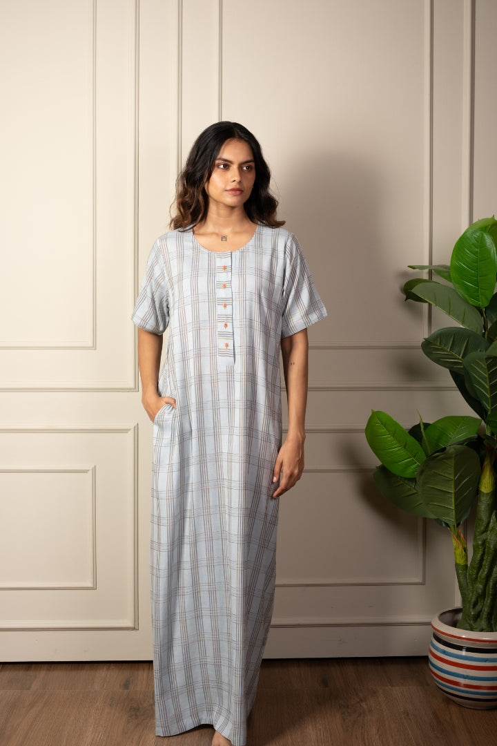 Morning Mist - Cotton Nighty Hand Embroidered Button Detail