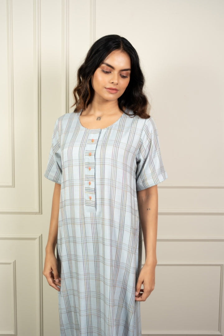 Morning Mist - Cotton Nighty Hand Embroidered Button Detail