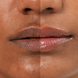 Close-up of lips with a split showing two different lipstick shades on a brown skin background.