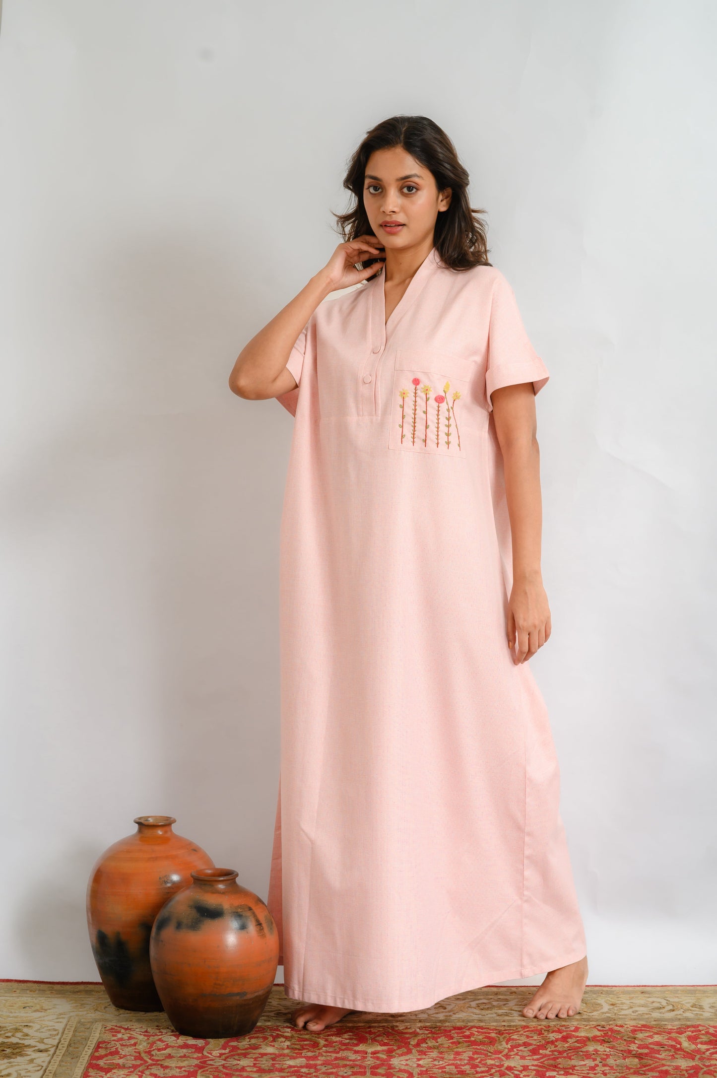 Blush Petal – Embroidered Pocket Cotton Nighty
