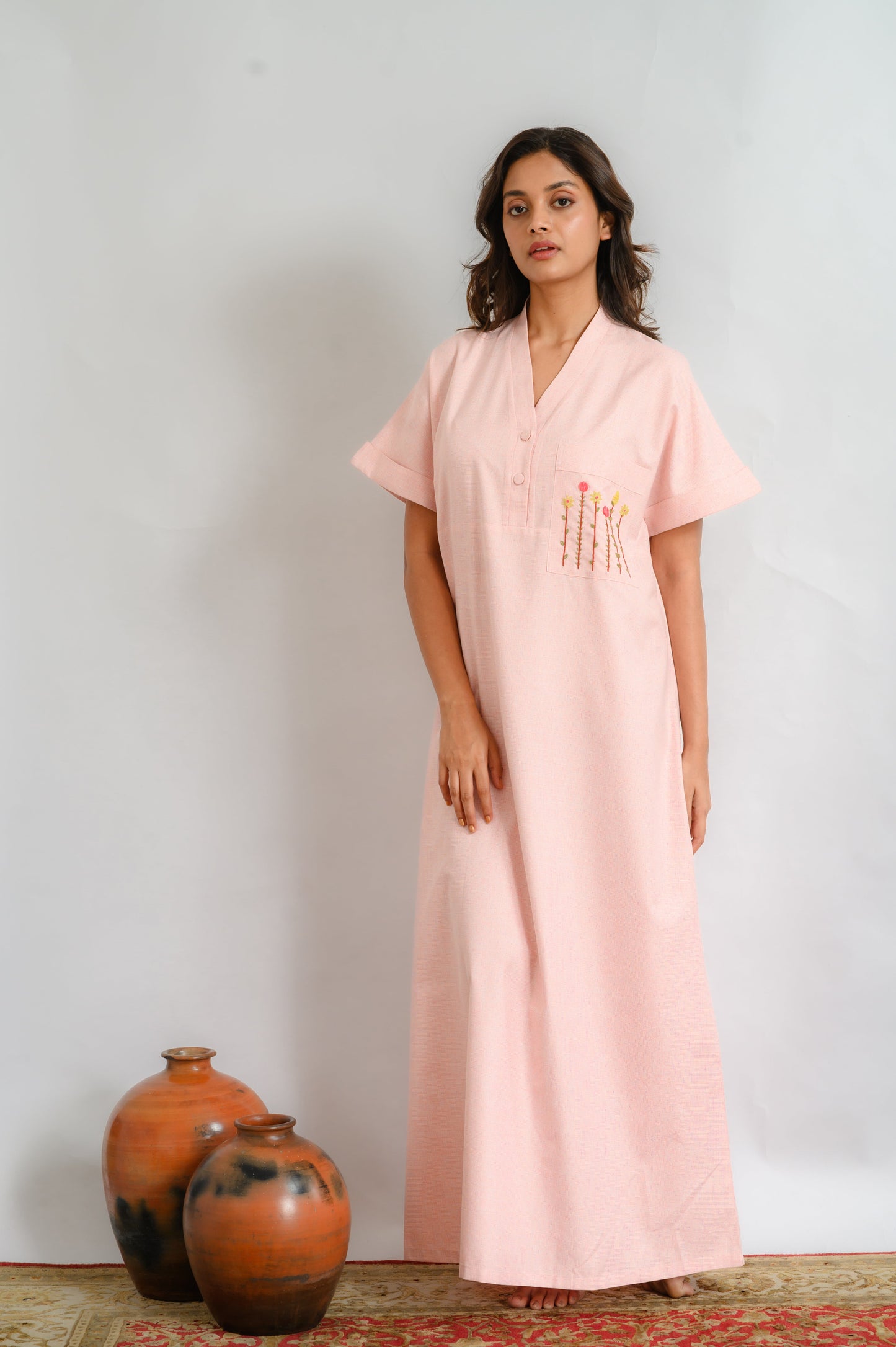Blush Petal – Embroidered Pocket Cotton Nighty