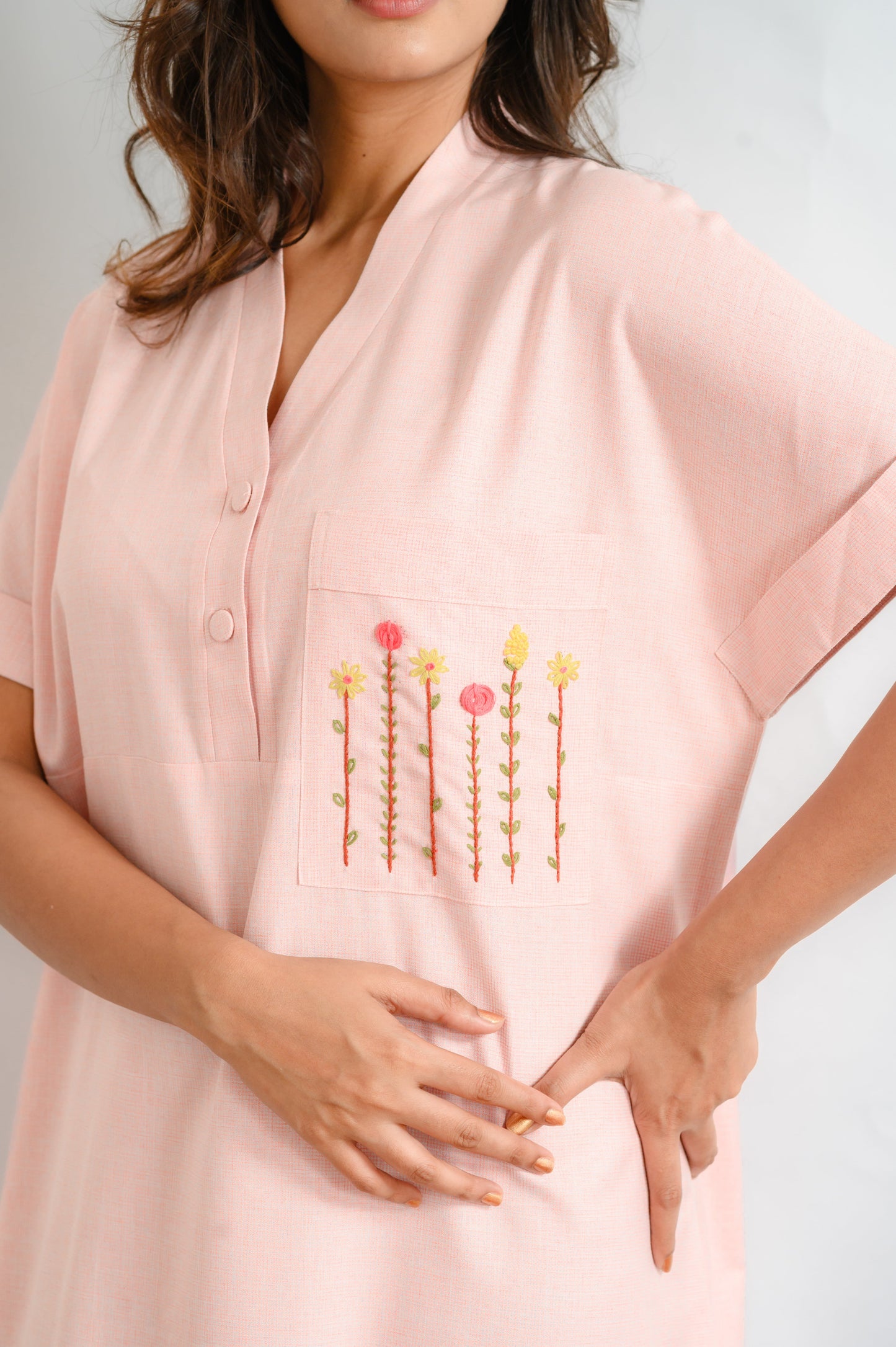 Blush Petal – Embroidered Pocket Cotton Nighty