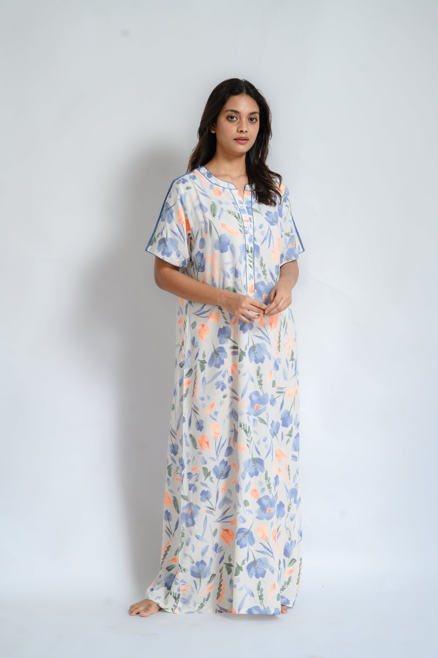 Rayon Cotton Floral Nighty with Elegant Piping Details