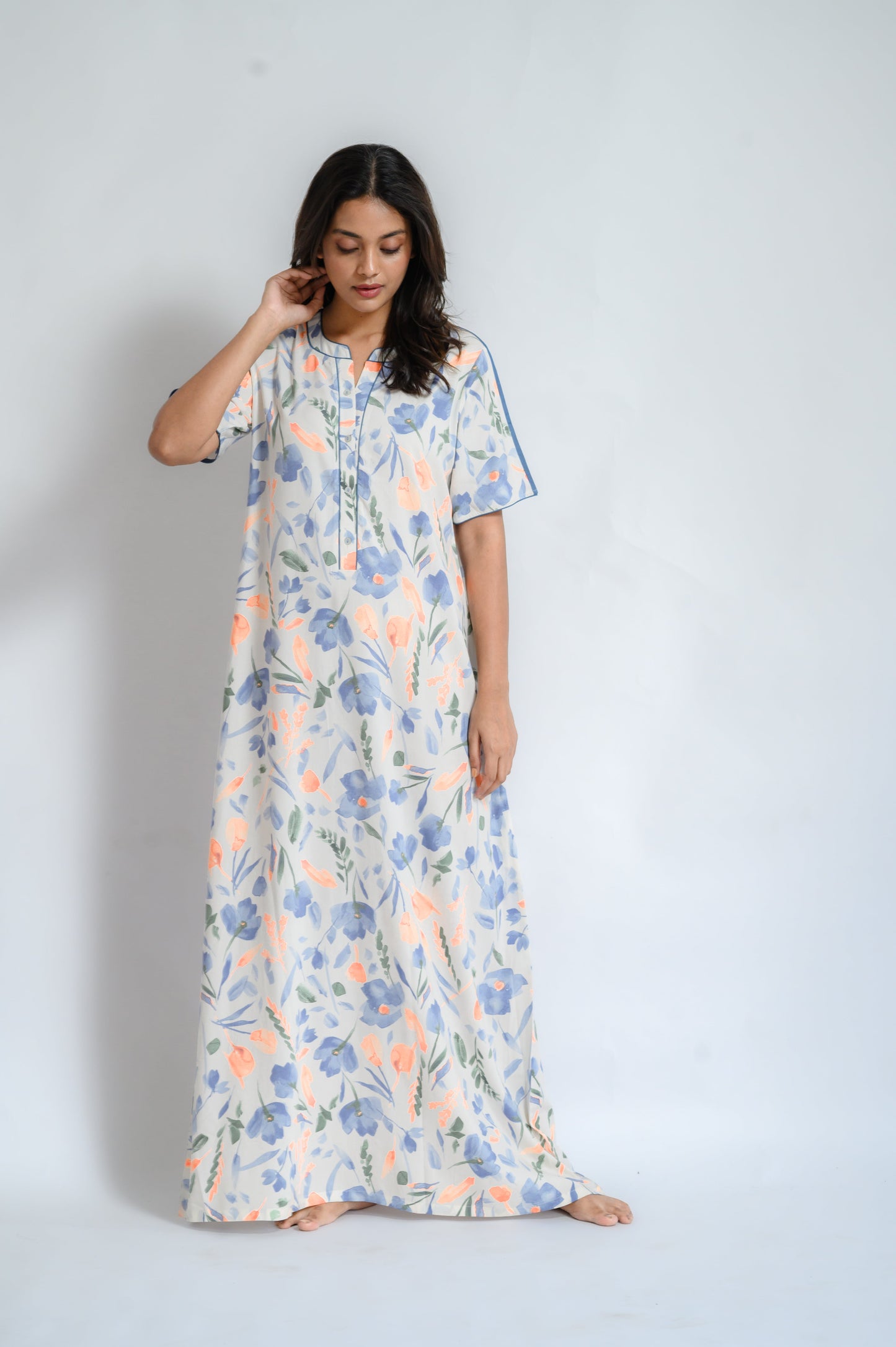Rayon Cotton Floral Nighty with Elegant Piping Details