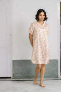 Floral Beige – Satin Shirt-Style Short Nighty