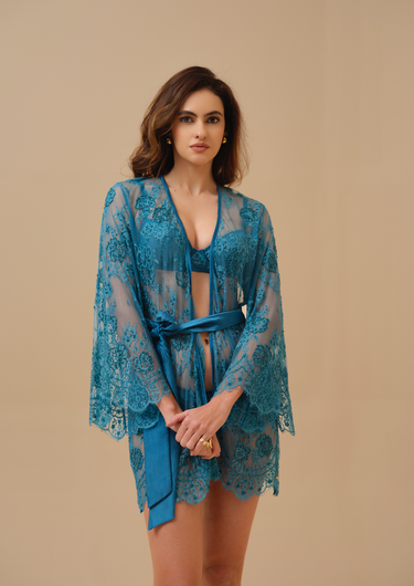 Primrose Teal Hand Embellished Lace Robe