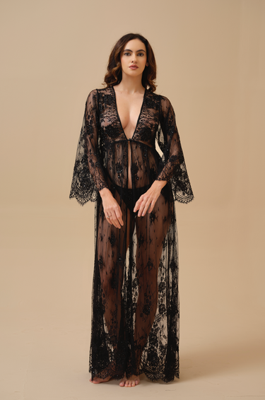 Ivy Black Hand Embellished Lace Robe