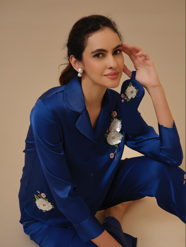 Magnolia Blue Hand Embellished Pyjama set