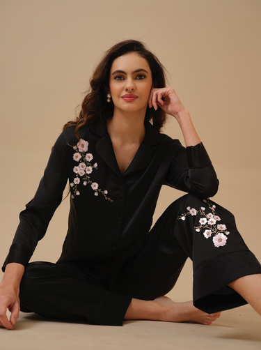 Sakura Black Hand Embellished Pyjama Set