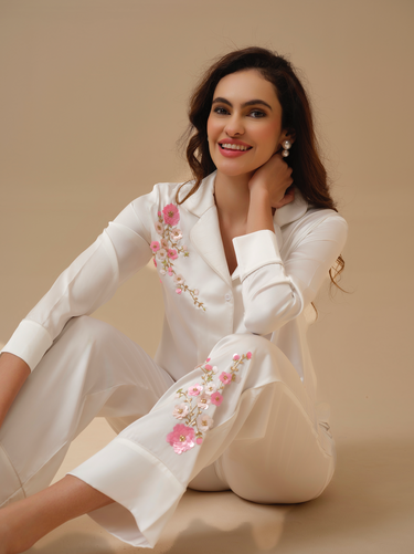 Sakura White Hand Embellished Pyjama set