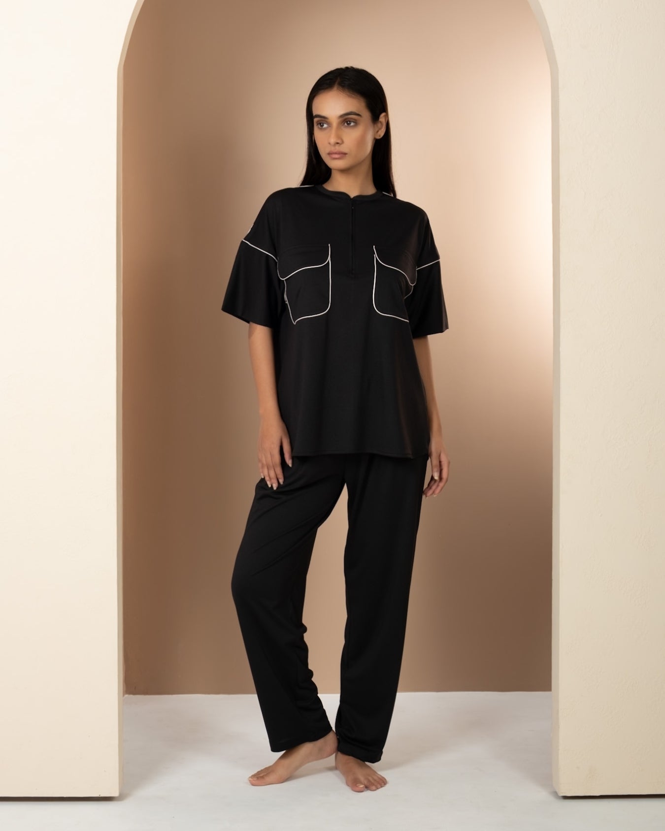 Classic Noir - Black Cotton Night Suit with White Piping