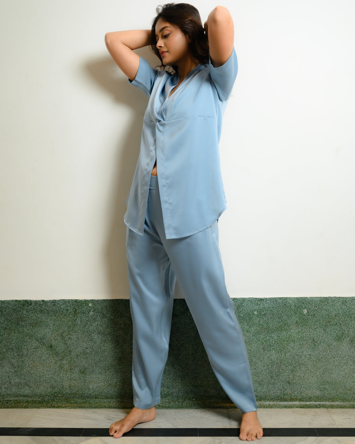 Satin Sky - Powder Blue Satin Pajama Set