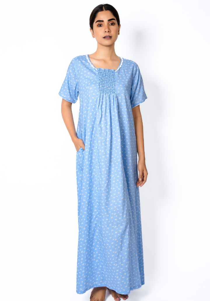 Blue Blossom - Cotton Nighty with Lace Neckline