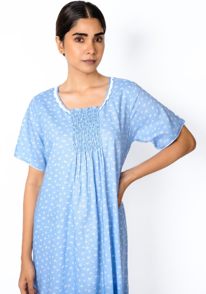 Blue Blossom - Cotton Nighty with Lace Neckline