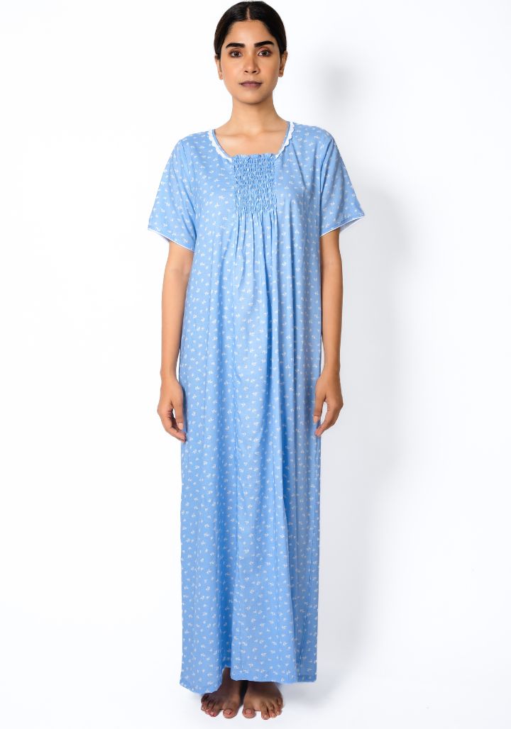 Blue Blossom - Cotton Nighty with Lace Neckline