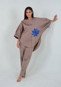 Taupe Embroidered Co-ord Set with Blue Floral Accent