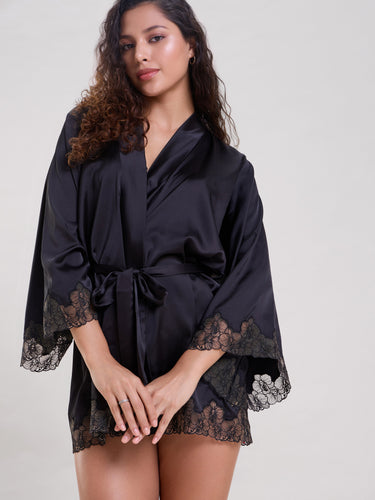 Ella Black Robe With Embroidered Sleeves