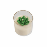 Candle with succulent design in a glass holder on a white background