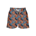House of Malabaar boy's swim shorts with a fall foliage print.